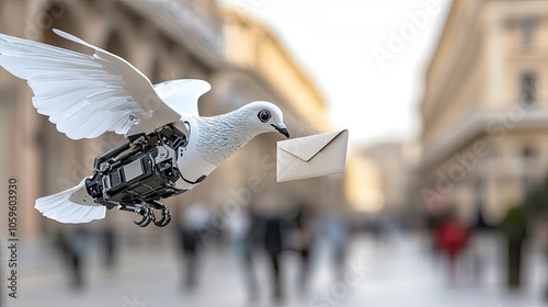 A detailed metallic bird adorned with lights stands on a rail, clutching a letter, amidst a softly lit urban landscape during early evening photo