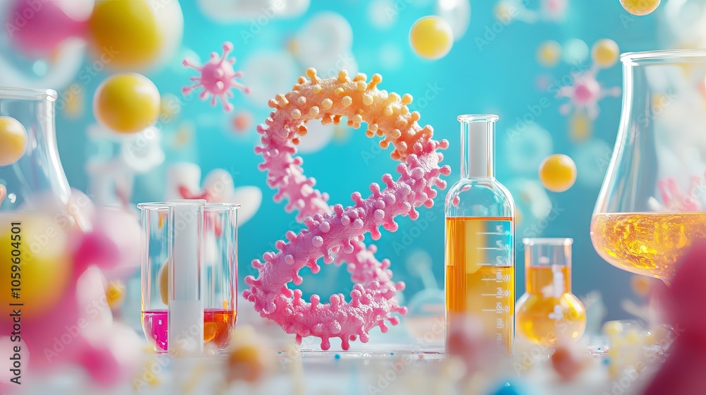 Science elements, like atoms, DNA, and bacteria, on a background of scientific research. Cartoon-style 3D rendered illustration.