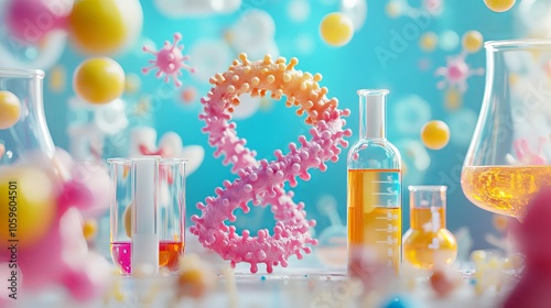 Obraz na płótnie Science elements, like atoms, DNA, and bacteria, on a background of scientific research. Cartoon-style 3D rendered illustration. w salonie