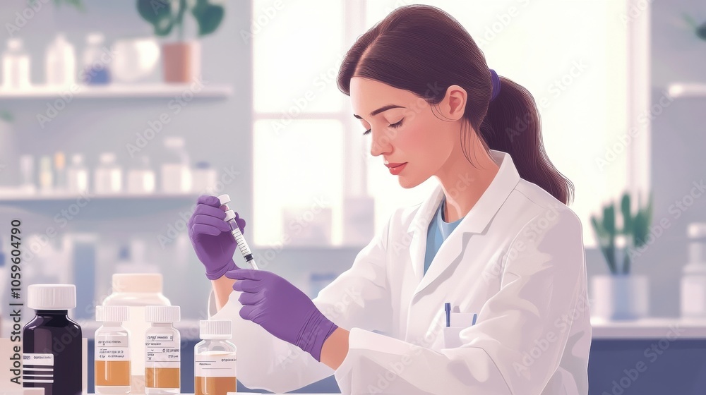 Fototapeta premium Scientist preparing syringe with epinephrine in laboratory setting