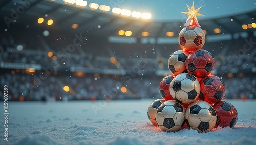 Christmas tree built from soccer balls with lignts, standing on a winter football field	 photo