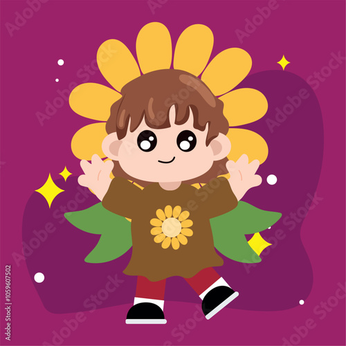 Child in cute sunflower costume with petal headband Vector