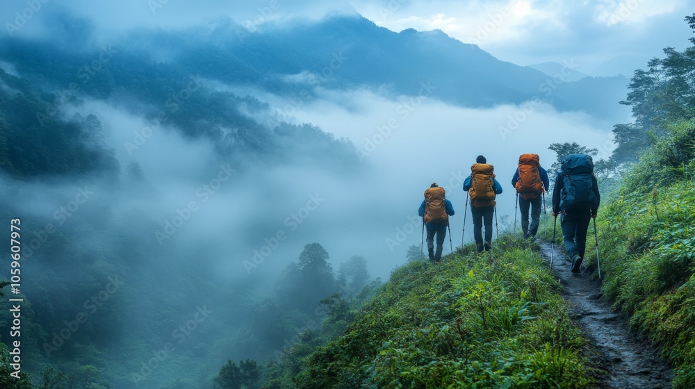 Obraz premium A group of hikers explores a mist-covered mountain trail surrounded by dense greenery. Soft clouds linger, creating a serene atmosphere in the remote wilderness.