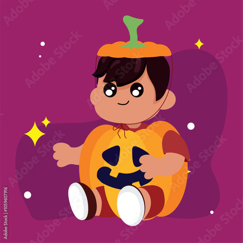 Adorable child in pumpkin Halloween costume Vector
