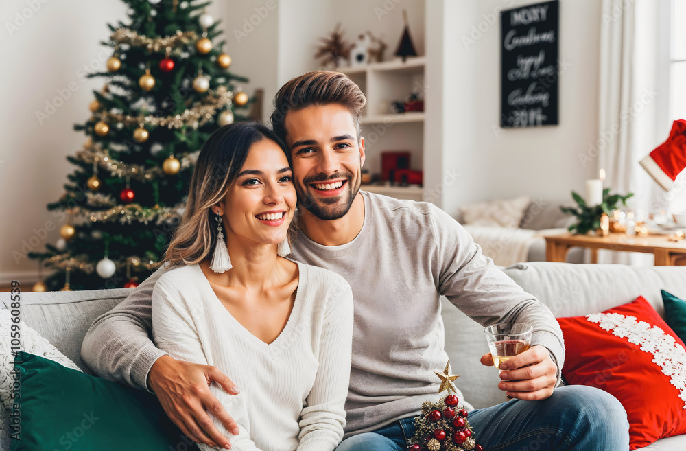 Portrait of happy young couple celebrating Christmas and smiling, people, festive background