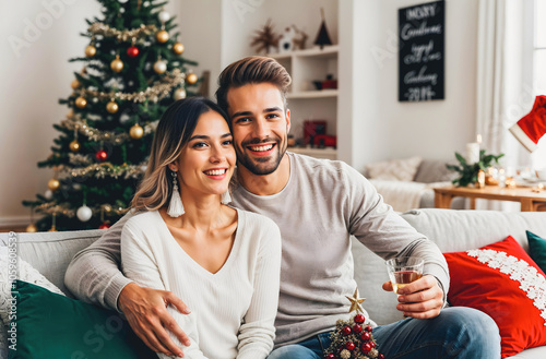 Obraz na płótnie Portrait of happy young couple celebrating Christmas and smiling, people, festive background w salonie