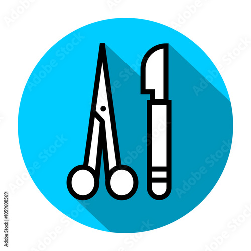 Scalpel and Surgical Scissors Line Art Icon – Vector Illustration of Medical Tools Isolated on White, Ideal for Healthcare Designs, Surgery Icons, Medical Projects, Editable EPS