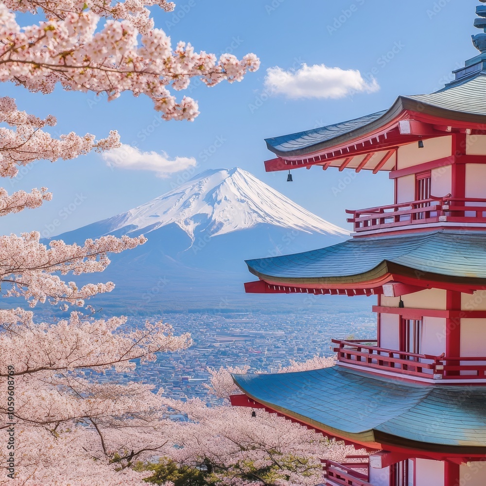 Obraz premium Cherry blossoms and Mt. Fuji at Ryuganbuchi