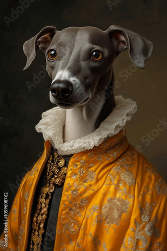 A dog wearing a yellow and black dress with a white collar photo