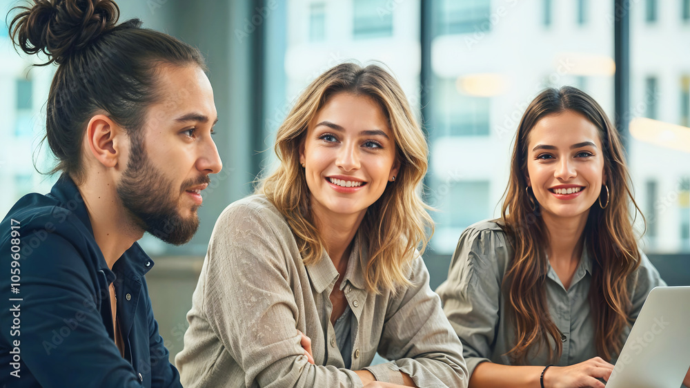 Group of young diverse business people smiling and sitting in office, brainstorming, team at work,