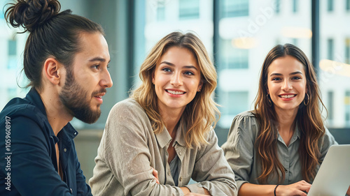 Obraz na płótnie Group of young diverse business people smiling and sitting in office, brainstorming, team at work, w salonie