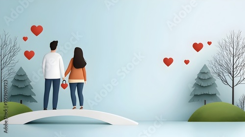 Romantic silhouette of a couple standing on a bridge surrounded by hearts and nature elements symbolizing the themes of love relationships and Valentine s Day photo