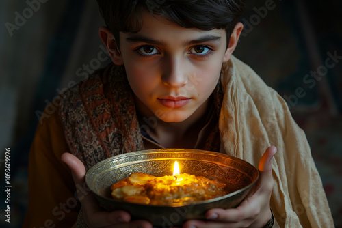 A young boy holding a lit candle in his hands photo