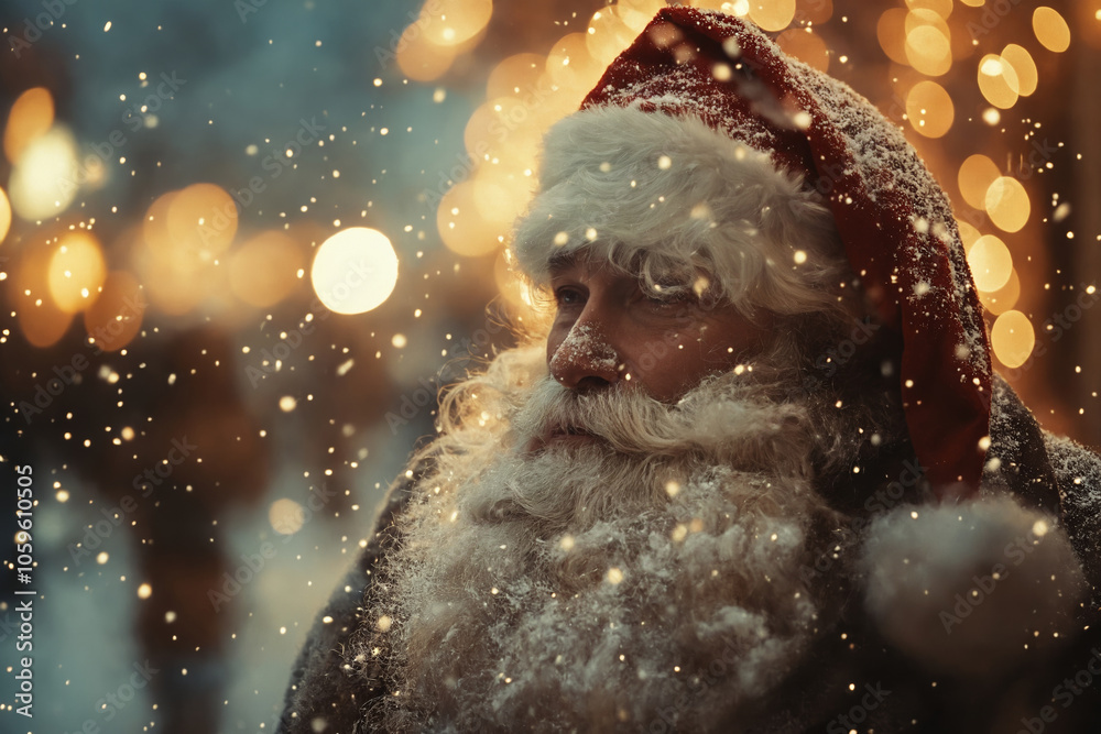 Fototapeta premium Santa Claus in a red hat and beard against the background of Christmas lights and falling snow, creating an atmosphere of a magical holiday.
