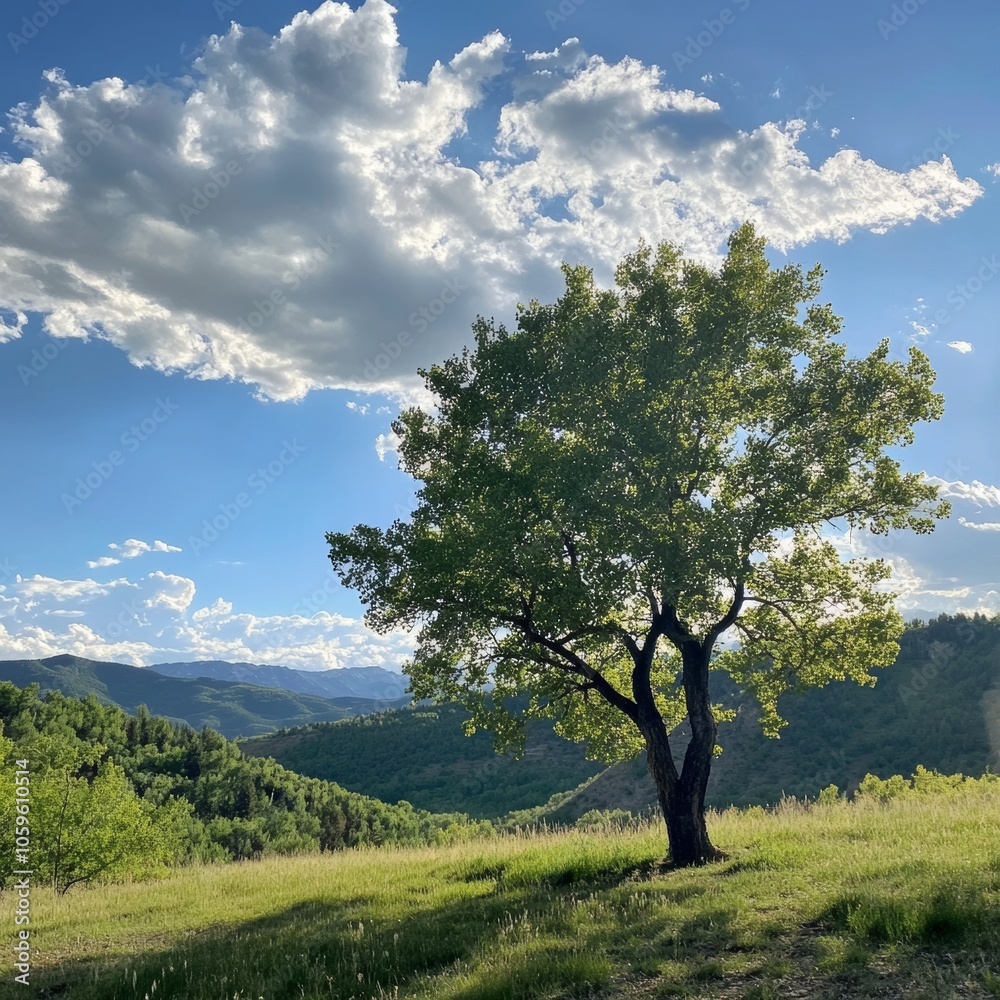 Obraz premium Mountain tree under cloudy sky.