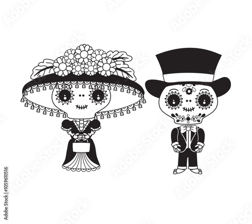 Cute cartoon illustration of the Day of the Dead couple