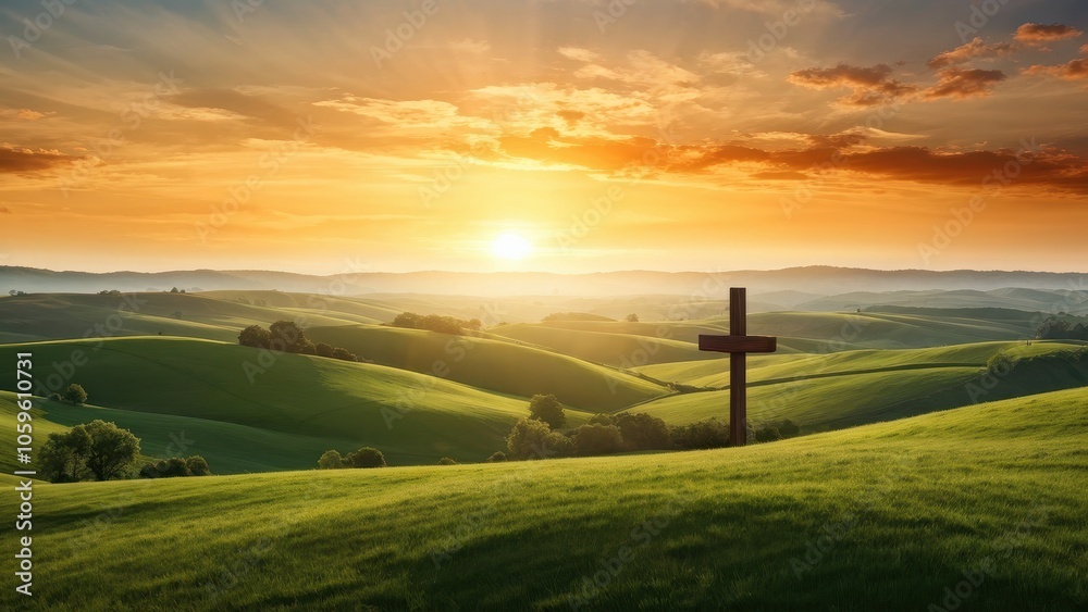 Obraz premium A serene landscape at sunrise featuring a cross on a hillside.