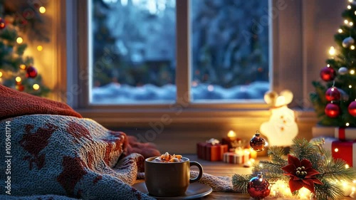 Wallpaper Mural Cozy winter scene by the window with warm blanket, hot cocoa, festive lights, and decorated christmas tree, celebrating the concept of merry christmas and happy new year Torontodigital.ca