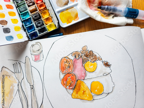 Watercolor and ink drawing of a breakfast photo