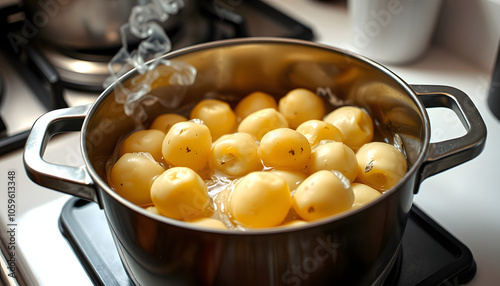 Boiling potatoes in pot on stove in kitchen isolated with white shades, png photo