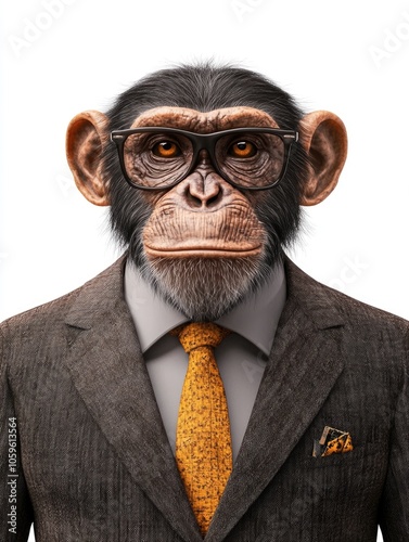 Monkey wearing glasses and a suit with a yellow tie. The monkey is looking at the camera