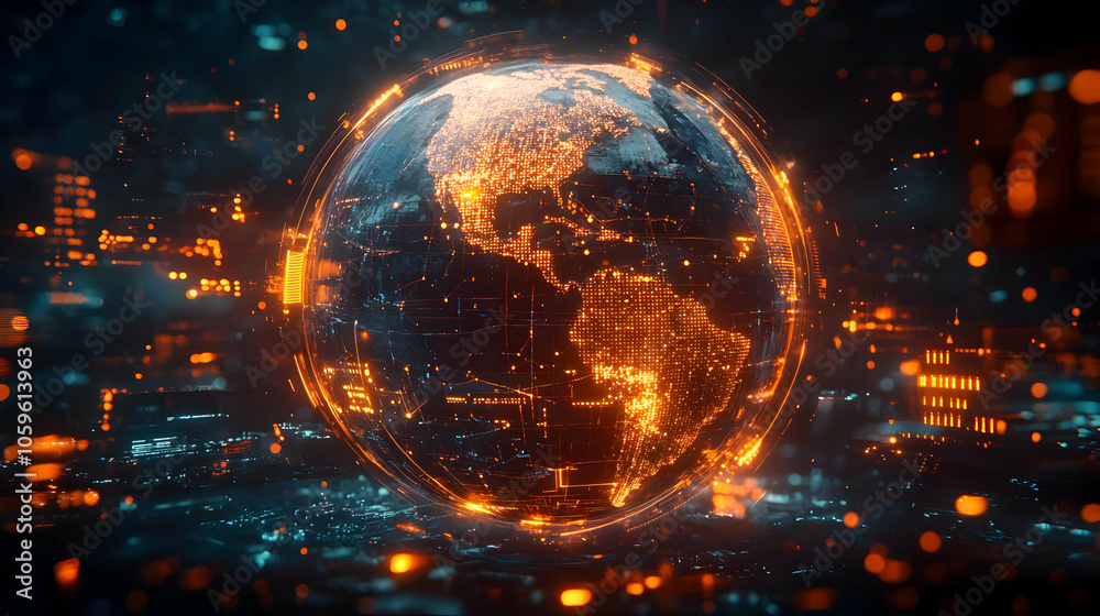 Obraz premium Futuristic Globe Illustration with Orange and Blue Lights