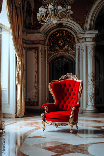 Elegant Baroque Room with Red Throne Chair, Luxurious Golden Decorations and Marble Floor