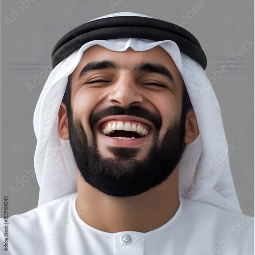 A cheerful man with a full beard, laughing wholeheartedly, dressed in traditional Middle Eastern clothing against a grey background