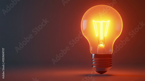 A glowing light bulb emits a warm orange glow, casting light against a dark background, symbolizing creativity and ideas.