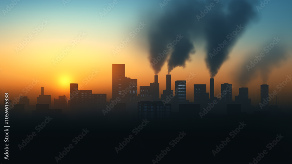 Fototapeta premium Urban skyline at sunrise with industrial haze 