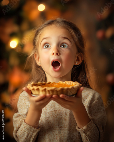 A young girl stares in amazement at a pumpkin pie she is holding in front of her