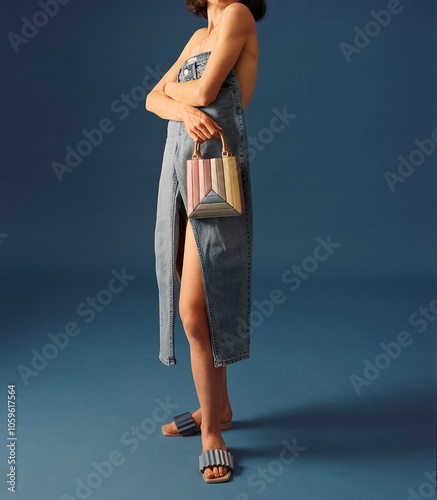 Stylish Woman in Denim Dress Holding Colorful Handbag photo