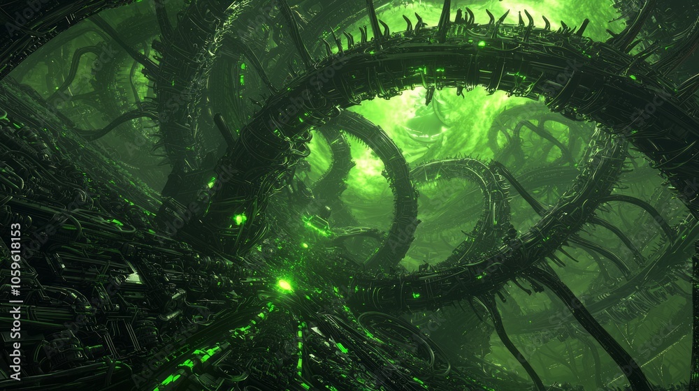 Obraz premium Ethereal Enigma - 3D Render of Mysterious Shadowy Realm with Organic-Machine Structures in Stormy Green and Black Atmosphere