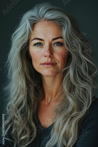 A woman with long gray hair and blue eyes