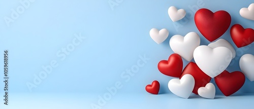 Floating heart shapes in red and white colors against a light blue background providing a large blank space in the center for adding custom messages or Valentine s Day greetings