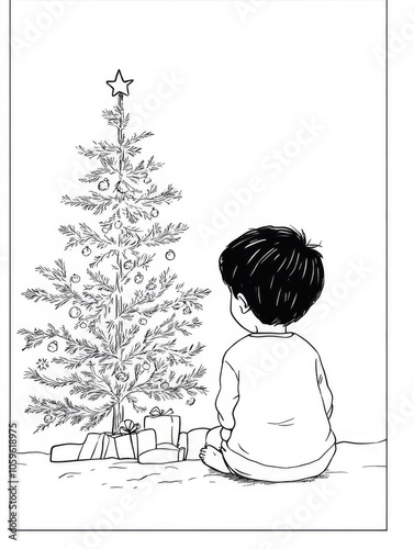 A child sits near a Christmas tree decorated with ornaments and gifts, capturing holiday anticipation and joy in a finely detailed pencil sketch.