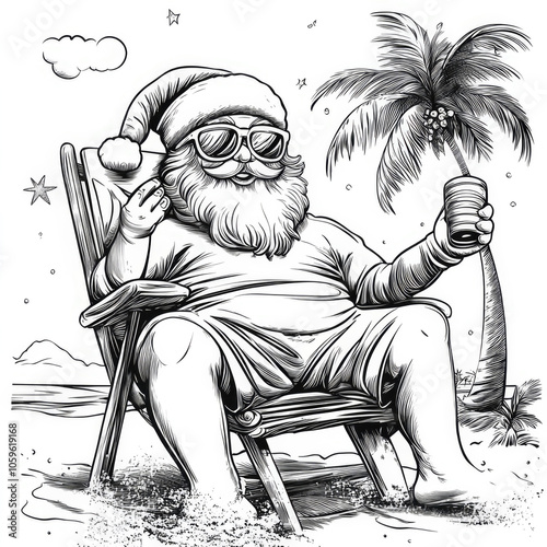 A jolly, relaxed Santa Claus with a big beard and sunglasses sits on a beach chair holding a drink, capturing the festive holiday spirit in a tropical environment. photo