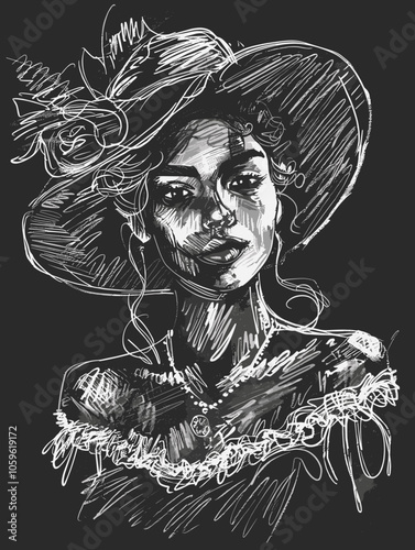 Woman with a hat on her head. The hat is black and white. The woman is wearing a black dress