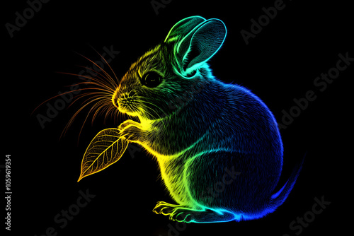 A captivating neon light trails image of a chinchilla enjoying a leaf, beautifully isolated on a black backdrop. --ar 3:2 --s 50 photo