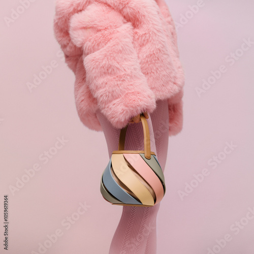 Stylish Fashion Model Holding Colorful Handbag in Pink Outfit