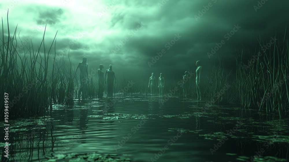 Fototapeta premium Enigmatic Marshland Mysteries: 3D Render of Phosphorescent Plants, Reflective Pools, and Ghostly Figures in Darkened Sky
