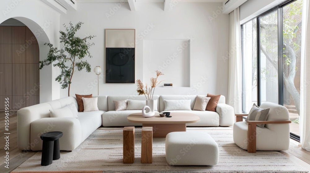 Fototapeta premium Subtle and inviting living room with modern pastel furniture and white walls in natural light
