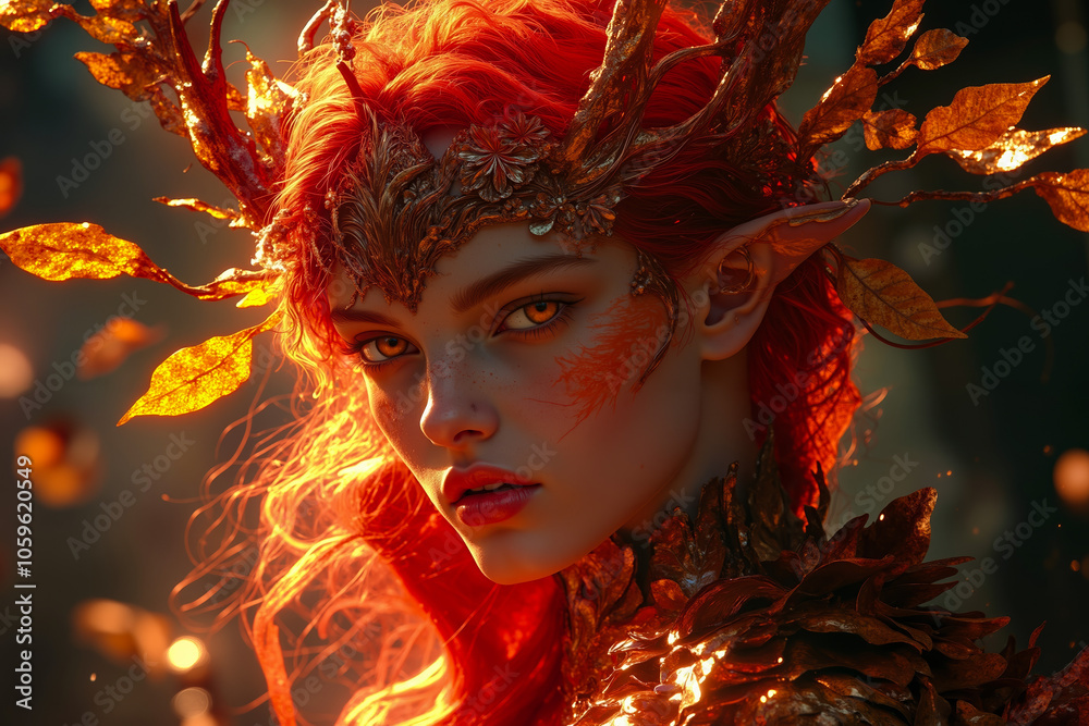 Fototapeta premium A woman with red hair wearing a gold headdress with leaves on her head