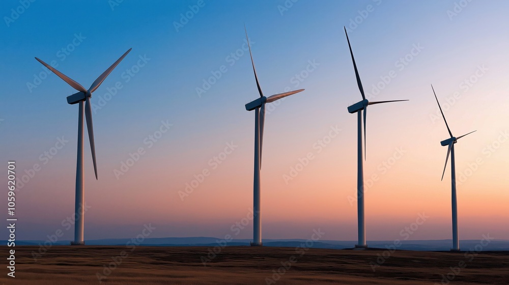 Fototapeta premium Four large wind turbines standing on a flat landscape during sunset with a clear sky transitioning from blue to orange hues.