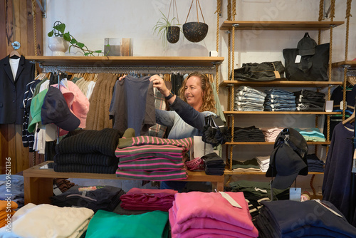 Woman shopping for clothing in a local boutique photo