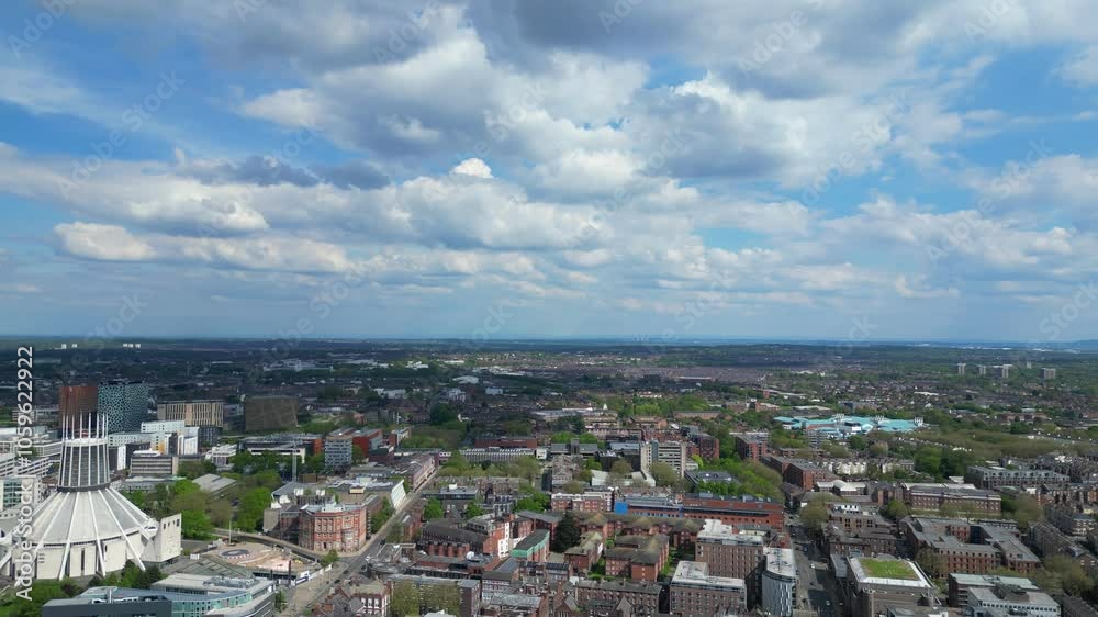 High Angle View of Historical and Modern British City Centre of Liverpool, Maritime city in northwest England, United Kingdom. Aerial Footage Was Captured with Drone's Camera on May 5th, 2024 High Angle View of Historical and Modern British City Centre of Liverpool, Maritime city in northwest England, United Kingdom. Aerial Footage Was Captured with Drone's Camera on May 5th, 2024