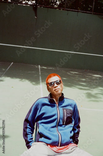 Film photo. Distinct styled cool guy posing in tennis court background photo