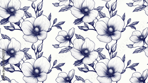 Seamless floral pattern featuring hand drawn flowers and botanical line art ideal for wallpaper and home decor applications