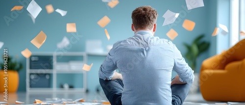 Lone individual sitting on the floor of an empty office surrounded by scattered papers