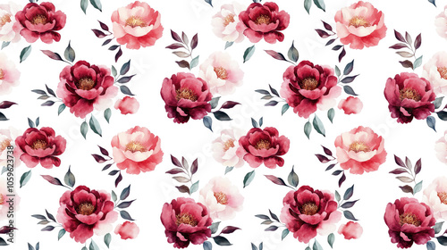 Seamless pattern featuring a bouquet of watercolor peony flowers and leaves on a crisp white background ideal for wedding stationery and decorations